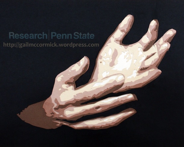 Paper cut hands created for the Penn State Research Magazine. Based on a photo by Patrick Mansell.