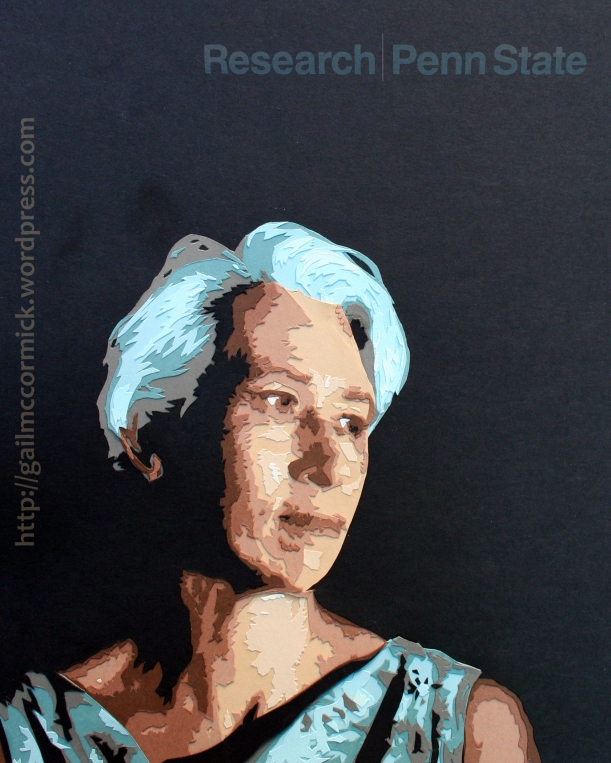 Paper cut portrait of Nina Jablonski, created for the Research at Penn State Magazine.